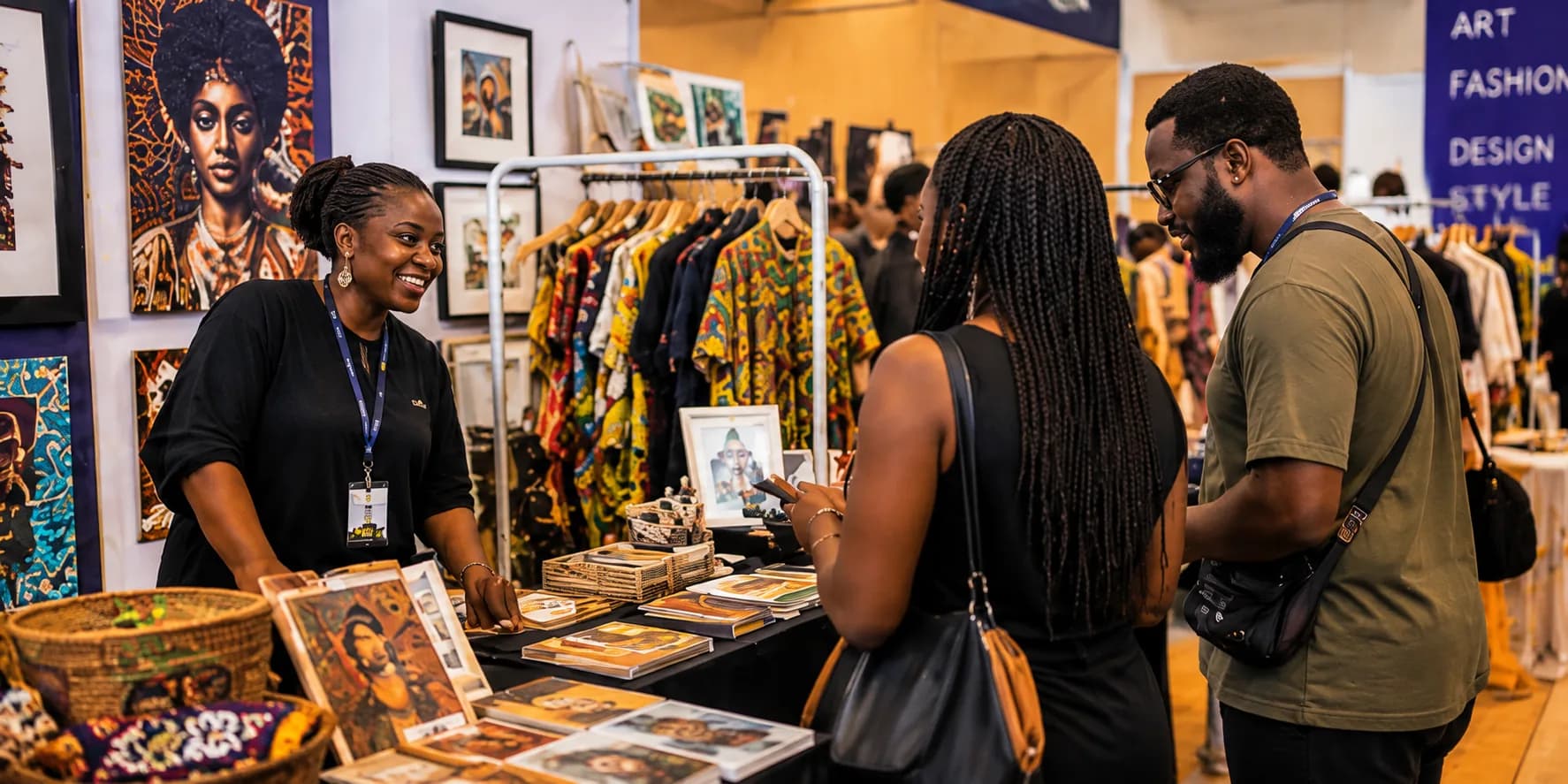 Creative market with art and fashion exhibitors